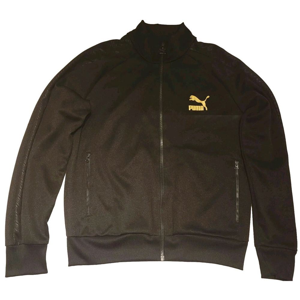 Puma T7 Black Track Jacket Full Zip Gold Foil Branding Front Zipper Pockets Rare - Picture 2 of 16